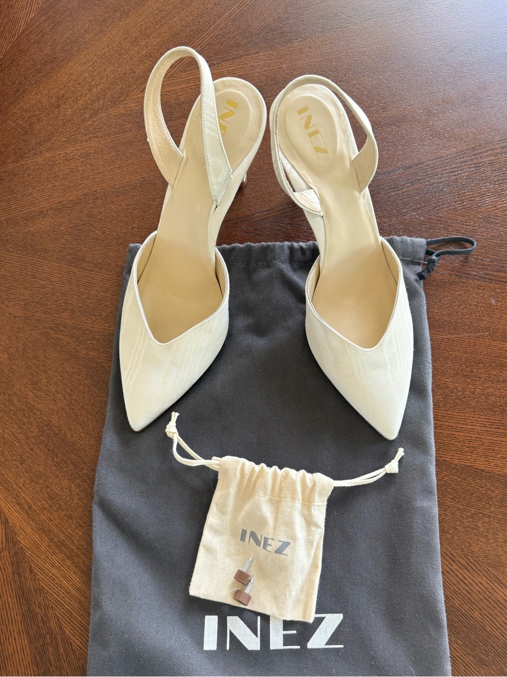INEZ Cream Satin Slingback Heels